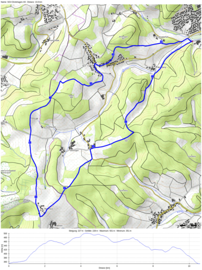 Das Foto zeigt eine Karte mit dem Verlauf und dem Höhenprofil des Wanderwegs A9