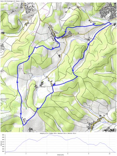 Das Foto zeigt eine Karte mit dem Verlauf und dem Höhenprofil des Wanderwegs A9