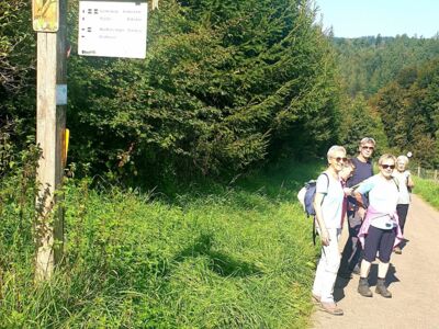 Wanderteilnehmer auf dem Wanderweg mit einem Wegweiserschild.