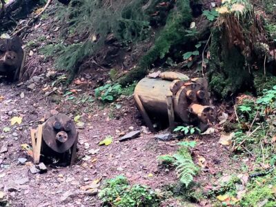 Wildschweine - Holzskulpturen am Bauchlauf.